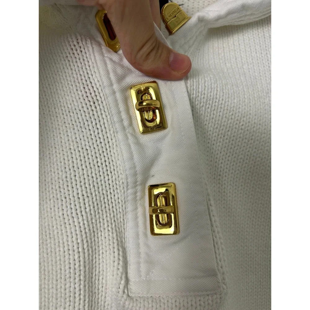Lauren Ralph Lauren Sweater XS White Cotton Gold Hardware old‎ money equestrian